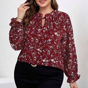 Women’s Burgundy Floral Tie-Neck Blouse